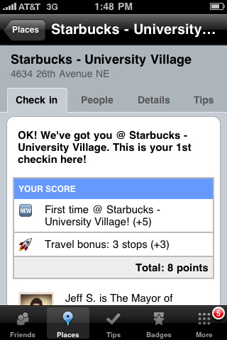Nogen har oprettet "Starbucks University Village" og en bruger har tjekket ind Nogen har oprettet "Starbucks University Village" og en bruger har tjekket ind